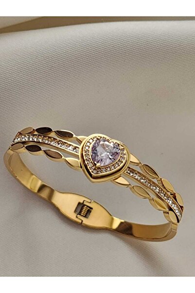 ZÜLİSCH Zirkon Taşlı Çelik Bileklik Kalpli Model Kelepçe Gold Paslanmaz Suya ...