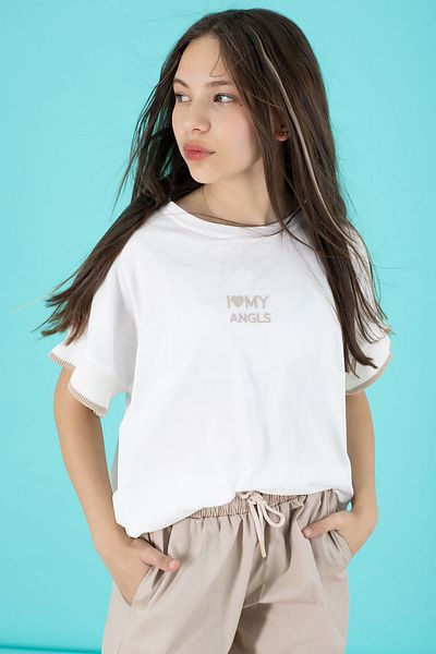 Cansın Mini Beige Written Oversize T-Shirt with Parachute Pants Suit for Girls 20297