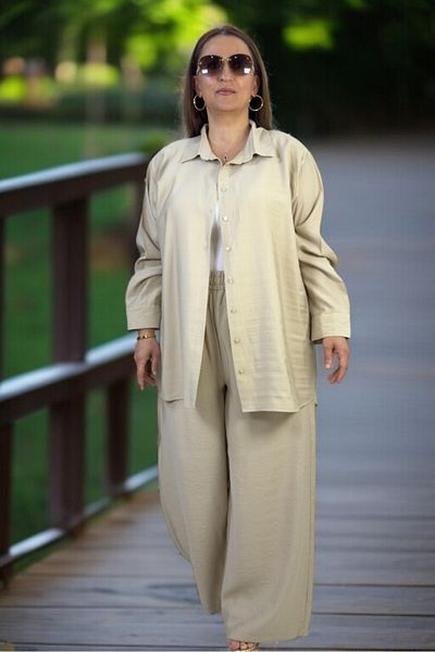 yagmurberen Front Buttoned Tunic Shirt Waist Elastic Pants Large Size Cotton Tnsel Fabric Double Set