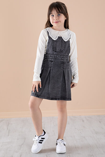 Cansın Mini Girl's 2 Piece Set with Black Jean Salopet and Lace Badu