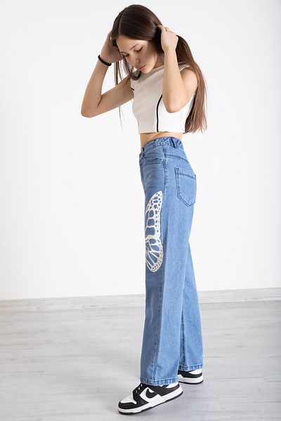 Cansın Mini Pantaloni blugi pentru fete cu picioare largi cu imprimeu fluture albastru 20276