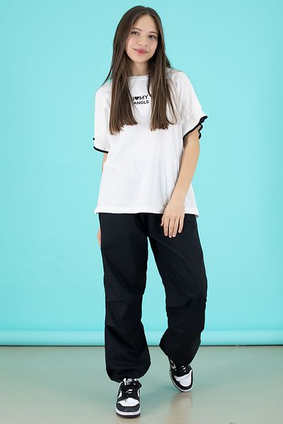 Cansın Mini Μαύρο γραπτό μπλουζάκι Oversize Κοριτσίστικο Σετ με Παντελόνι Αλεξίπτωτο 20293