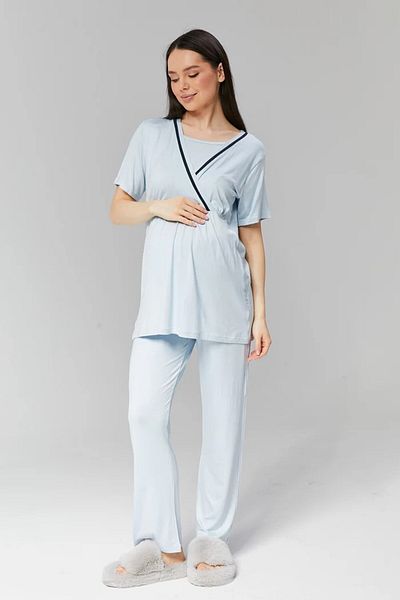 LOHOUSE Set de pijamale pentru femei, cu nervuri albastre, cu două piepte, pentru maternitate, pentru maternitate, 3 piese