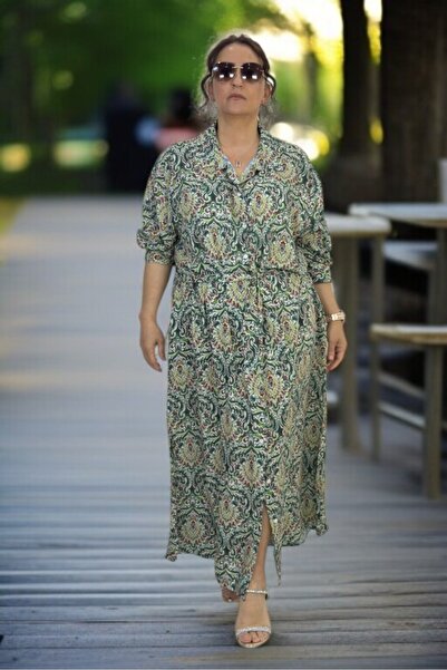 yagmurberen Front to Back Buttoned Pocketed Belted Extra Large Size Cotton Viscose Dress