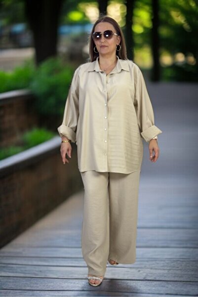 yagmurberen Front Buttoned Tunic Shirt Waist Elastic Pants Large Size Cotton Tnsel Fabric Double Set