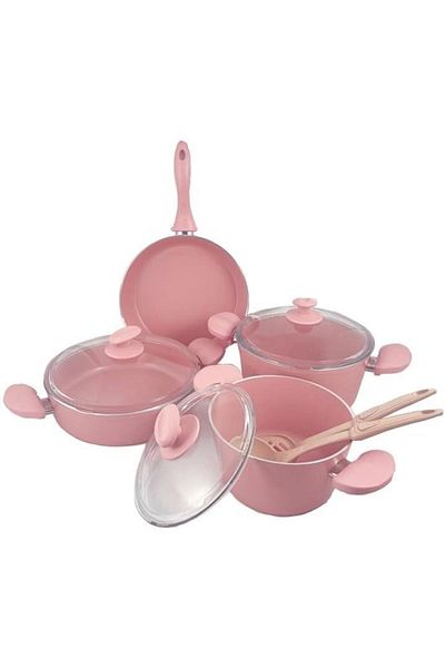 HOME MAKER Hella Ceramic Cookware Set 9-Pieces, Pink