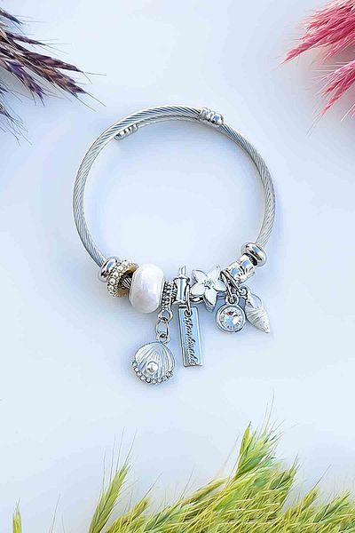 TREND COLLECTİON Women's Silver Seashell Oyster Model Tarnish Stainless Steel Charm Bracelet