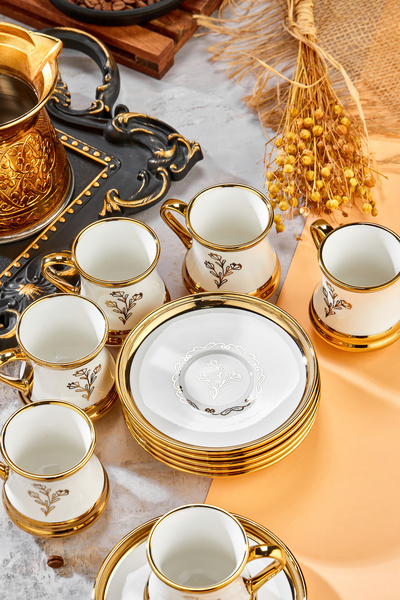 Cooker 90 ml Porcelain 6-Piece Coffee Cup Set - Stylish Design Gold Gilded Modern Cup Set