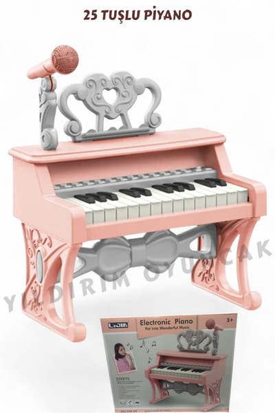 YILDIRIM OYUNCAK 25 Tuşlu Pembe Elektronik Piyano Oyuncak - 36 cm Kutulu Melodili Ses Efektli Piyano Pembe
