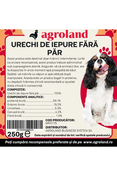 Agroland Dog treats, hairless rabbit ears, 250g