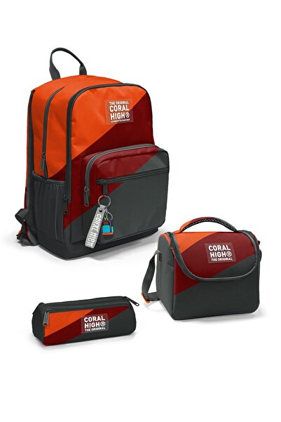 Coral High Dark Gray Orange Claret Red Colored 3-Piece School Bag Set Set0123692