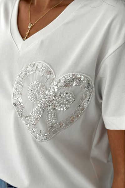 FEMELLE Tricou alb pentru femei, cu decolteu în V, cu mărgele și paiete brodate, model 100% bumbac