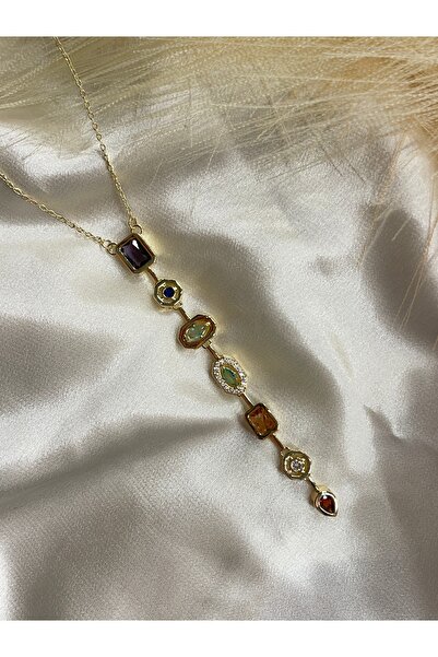 Onsiletişim LOTUSBYBUKET قلادة من الفولاذ باللون الذهبي بتصميم هندسي من حجر ا...