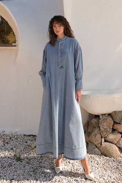 Olcay Rochie de blugi oversize cu detaliu de dantelă în talie ALBASTRU 9268-E