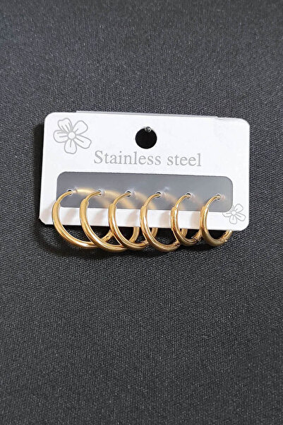 TREND COLLECTİON Kadın Gold Klasik Halka Paslanmaz Çelik Küpe Set (6 adet)