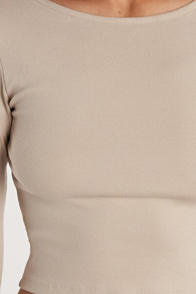 Tudors Kadın Modal Kumaş Slim Fit Dar Kesim Uzun Kollu Bisiklet Yaka Taş Rengi Bluz