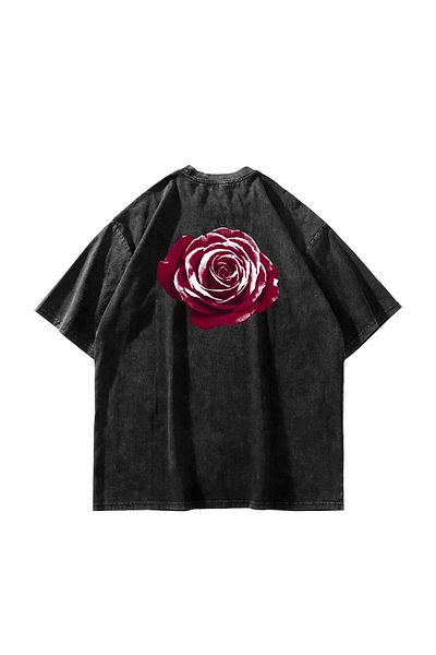Sekizbiraltı Alert Rose Printed Oversize Unisex Washable Μαύρο Tshirt