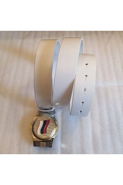 Butik Tülin Unisex Authentic Genuine Cowhide White Silver Gold with Russian Flag Hidden Watch Cowboy Buckle Belt