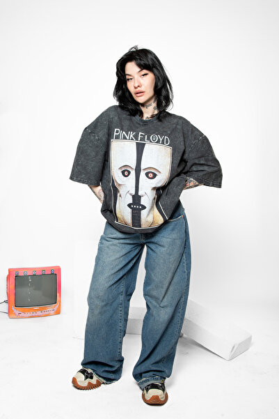 Bak Moda Tricou negru oversize unisex cu imprimeu Pink Floyd Division