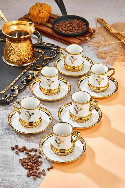 Cooker 90 ml Porcelain 6-Piece Coffee Cup Set - Stylish Design Gold Gilded Modern Cup Set