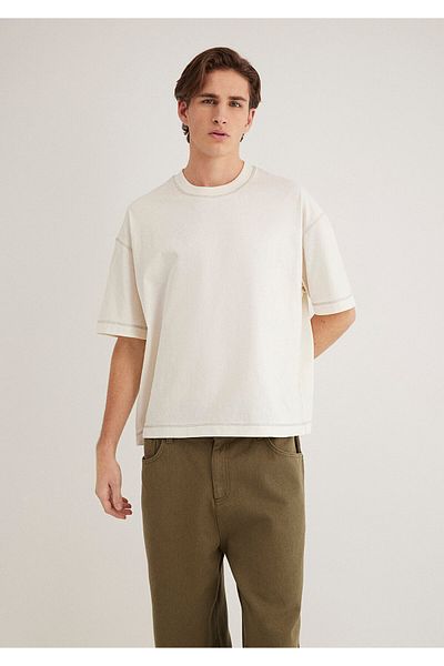 Mavi Ecru T-Shirt with Stitching Detail Boxy Fit 0612602 -86420