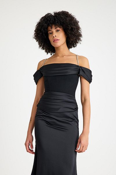 SpringStore Black Chain Strap Satin Evening Dress