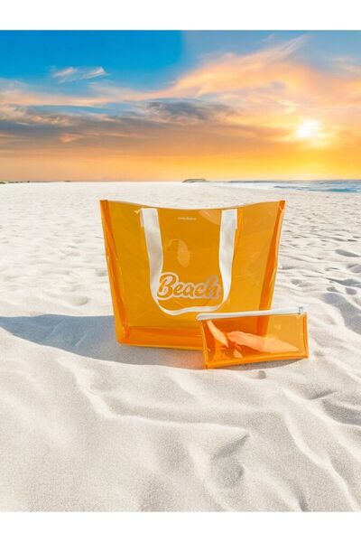 umbellatum Orange Transparent Printed Women's Beach Bag - 40 Micron Thick PVC