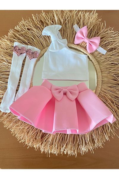 EBRU ÖZÖRGÜCÜ Girl's Crop Body, Heart Socks Skirt and Bandana Set
