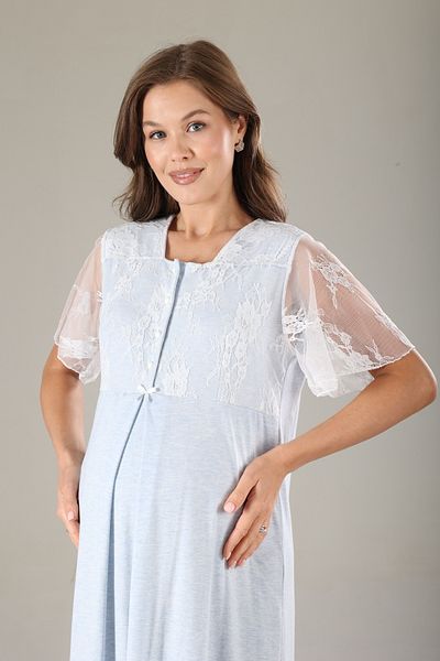 CT MODA Blue Melange Ruched Design Lungime întreagă 100% bumbac Set cămașă de noapte de vară pentru maternitate