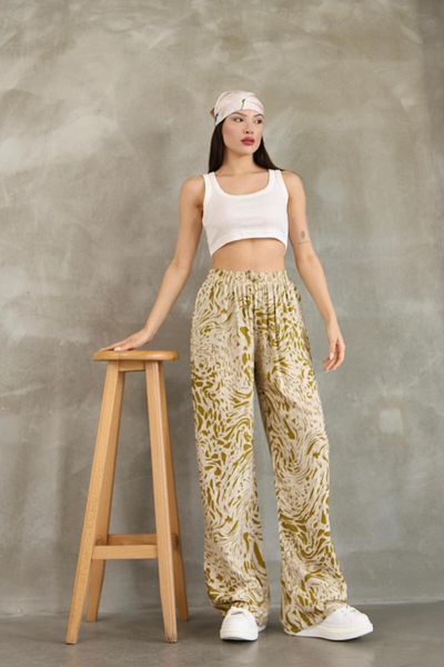 RE7EDİ Yellow White Patterned Women's Viscosa Cotton Trousers
