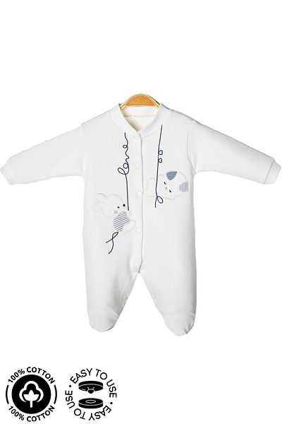 Miniel 3-6-9 Months Unisex Baby Rabbit Embroidered Organic Cotton Jumpsuit with Booties