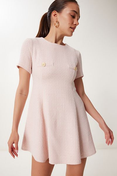 Lovelyİstanbul Button Detailed Mini Flared Tweed Dress Pink Lus0106