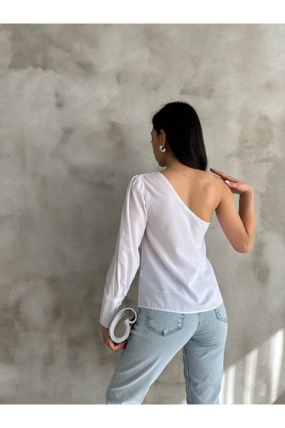 LE CARAMBOLE Women's White Blouse with One Shoulder and Rose Detail
