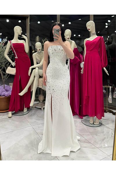 missswans Βραδινό φόρεμα Stefani Strapless Long Length Stone Κεντημένο Λευκό