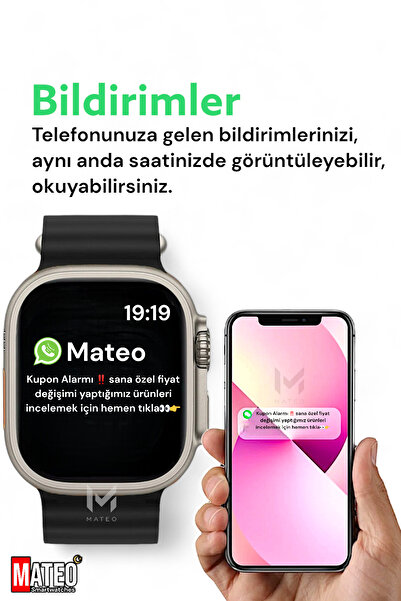 MATEO Akıllı Saat Watch 8 Ultra 45mm 1.99 Inç Türkçe Tüm Telefonlara Uyumlu Bluetooth Arama Gri Smartwatch