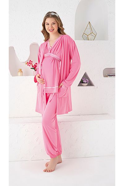 JENİKA Maternity Long Sleeve Dressing Gown, Lace Detailed, Openable Buttoned, Elasticized Legs, 3-Piece Pajama Set