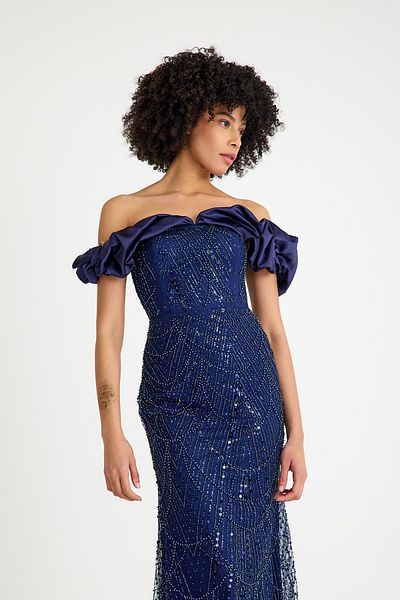 SpringStore Navy Blue Off Shoulder Beaded Evening Dress