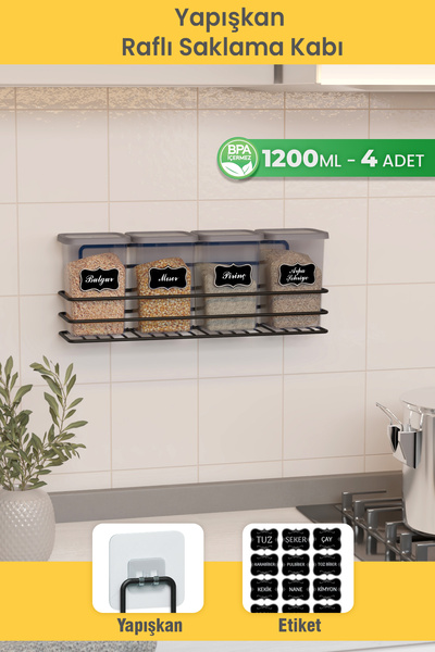 Dekula Yapışkan Raflı 4lü 1200ml Saklama Kabı Seti Etiket Hediyeli Metal Erza...