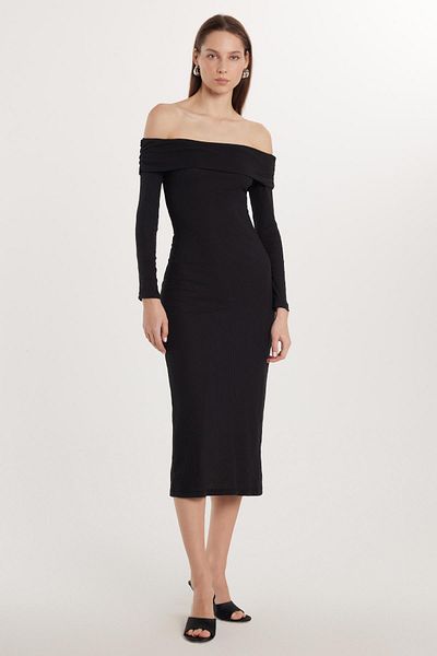 Tudors Rochie neagră fără bretele, cu mâneci lungi, slim fit, pentru femei