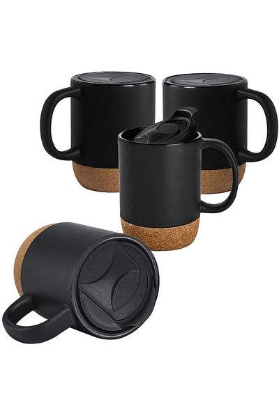 Quasar & Co. Set of 4 Coffee/Tea Mugs, ®, Travel, With To Go Lid, Cork Base, Ceramic, 400 Ml, Black