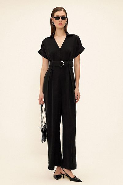 Olcay Short Sleeve Belt Detailed Modal Jumpsuit Black 9342