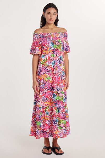 Tudors Kadın Slim Fit Dar Kesim Kısa Kollu Gofre Kumaş Straplez Baskılı Elbise