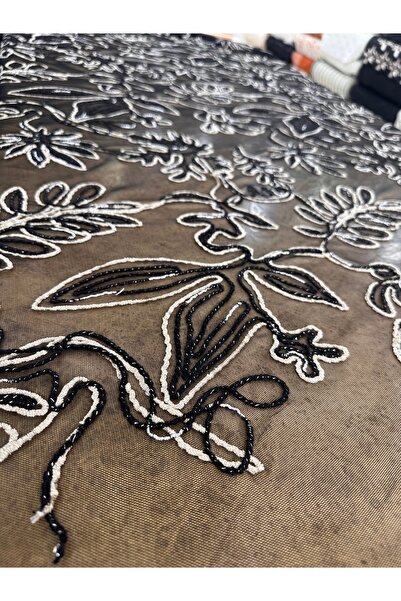 METERİAL 140 cm En Siyah Tül Üzeri Boncuk İşlemeli Çiçekli Dantel Kumaş – Işı...