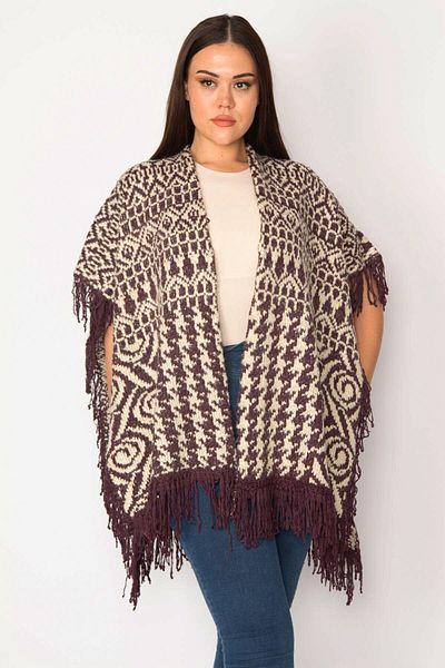 Şans Women's Large Size Plum Shawl Pattern, Tassel and Glitter Detailed Thick Knitwear Poncho 65n30400