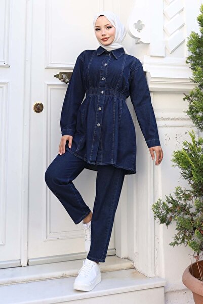 benguen Shirred Waist Denim Suit Navy Blue 4079
