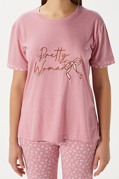 Ritnice Women's Pretty Woman Viscose Crew Neck Short Sleeve Pink Bottom Top Pajamas Set