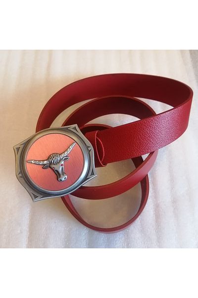 Butik Tülin Unisex Authentic Genuine Cowhide Red Gray Metallic Bullhead Lighter Cowboy Buckle Belt