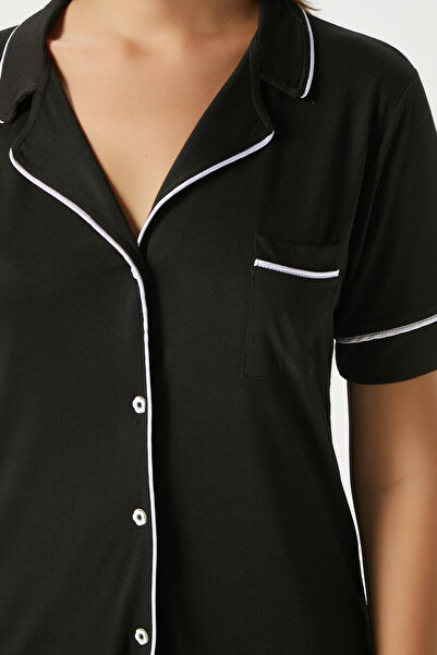 Ritnice Women's Vanessa Viscose Front Buttoned Short Sleeve Bias Black Bottom Top Pajama Set