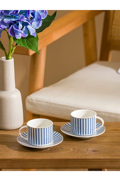 LC Waikiki Lcw Home Blue Gold Line Patterned 2-Person Coffee Cup Set 90 ml