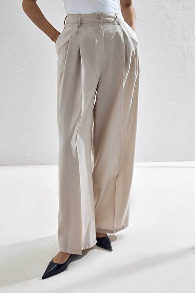 Hooopstore Lyocell Cupra Kumaş Pileli Palazzo Bej Pantolon